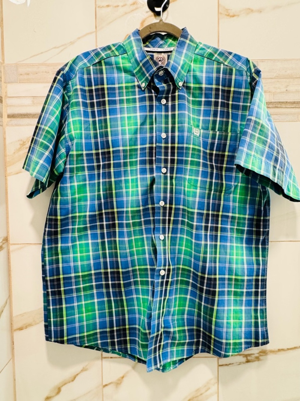 Cinch cowboy Plaid Button Down Shirt Mens Blue Green Short Sleeve western M - Picture 5 of 12